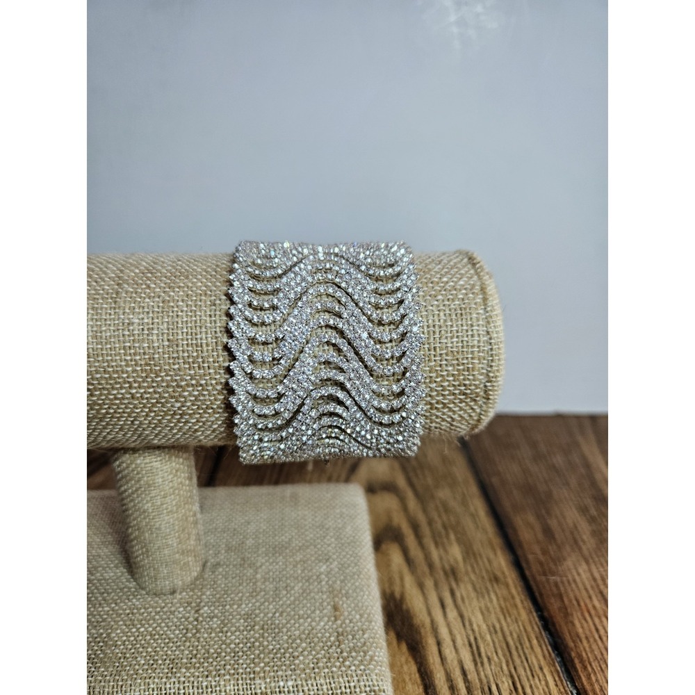 Silver Rhinestone Wave Statement Cuff Bracelet Wide Adjustable Clasp Back‎